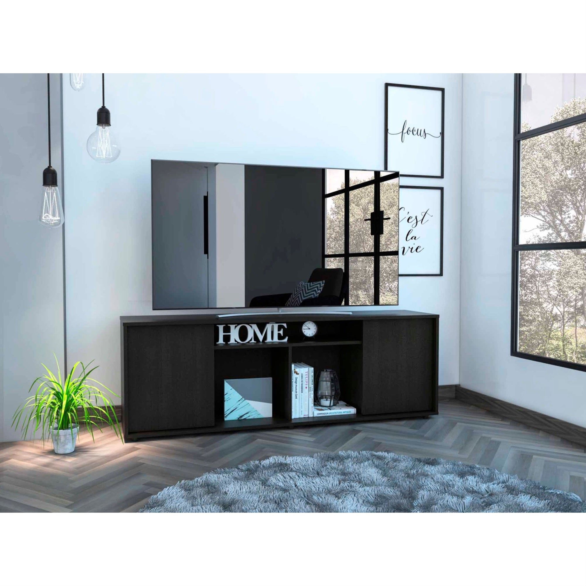 Tuhome Prana Tv Stand, Four Shelves, Two Cabinets With One Door, Countertop, Black, For Living Room