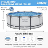 Steel Pro MAX 13' X 48' Above Ground Pool Round Metal Frame Outdoor Swimming Pool Set with Filter Pump Ladder and Cover Gray