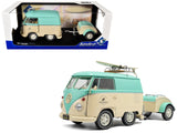 2024 Volkswagen Cool Combi Van with Trailer Long Beach Surfing Club Mint Green and Cream with Roof Rack and Surfboard 1/18 Die