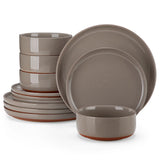 MALACASA TARA 12/24 Pcs Dinnerware Set Curved Edge Sesame Glaze Stoneware Plates Set With 4/6pcs Dinner Plate/Dessert/Bowl