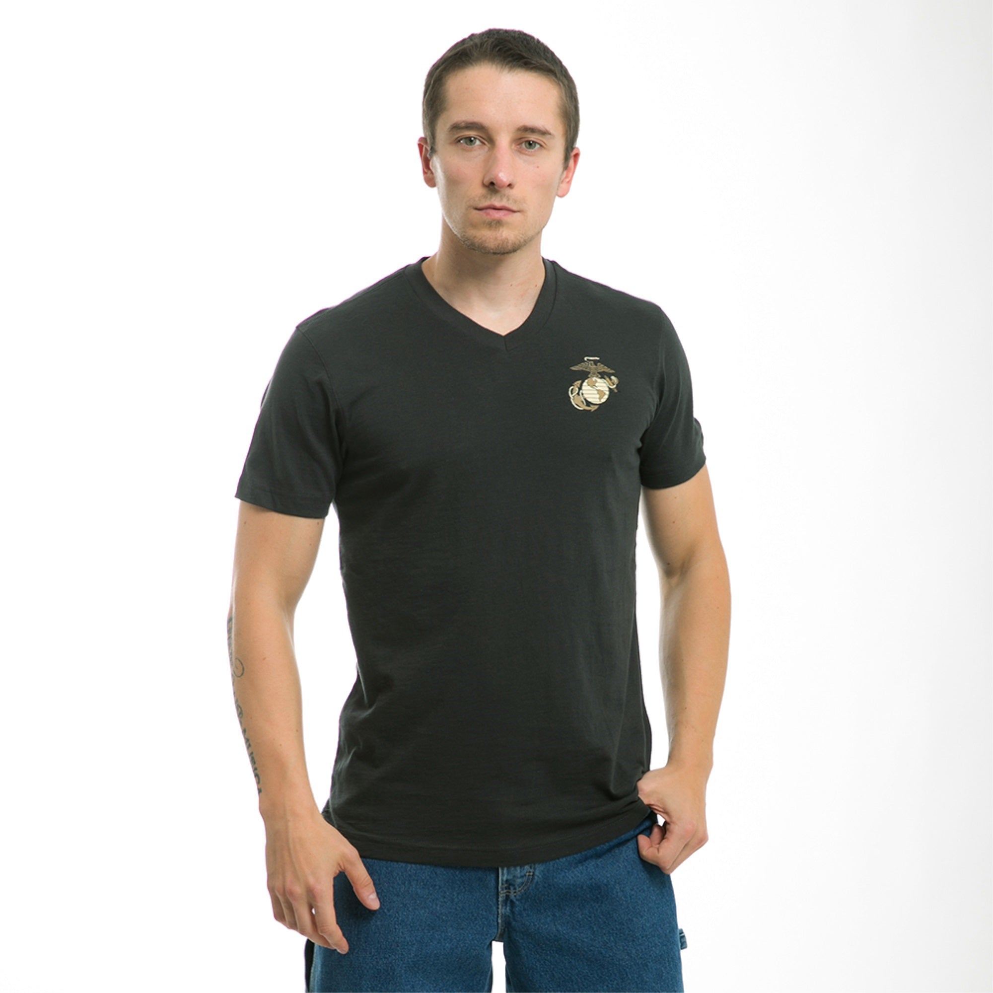 Military V-Neck Tee, Marines, Black, S
