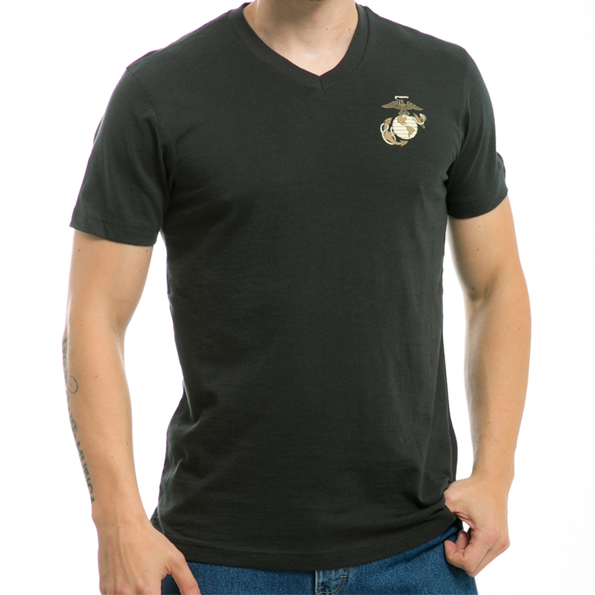 Military V-Neck Tee, Marines, Black, S
