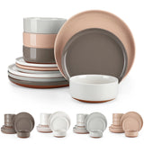 MALACASA TARA 12/24 Pcs Dinnerware Set Curved Edge Sesame Glaze Stoneware Plates Set With 4/6pcs Dinner Plate/Dessert/Bowl