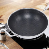 34cm Stainless Steel Cooking Wok Pan - Non-Stick Coated Frying Pan with Tempered Glass Lid - Healthy Fry Pan for Chinese Cooking