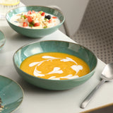 Vancasso KARST 16/32/48 Piece Green Embossed Stoneware Tableware Set with Dinner/Dessert Plate/Soup Bowl/Mug Service for 4/8/12