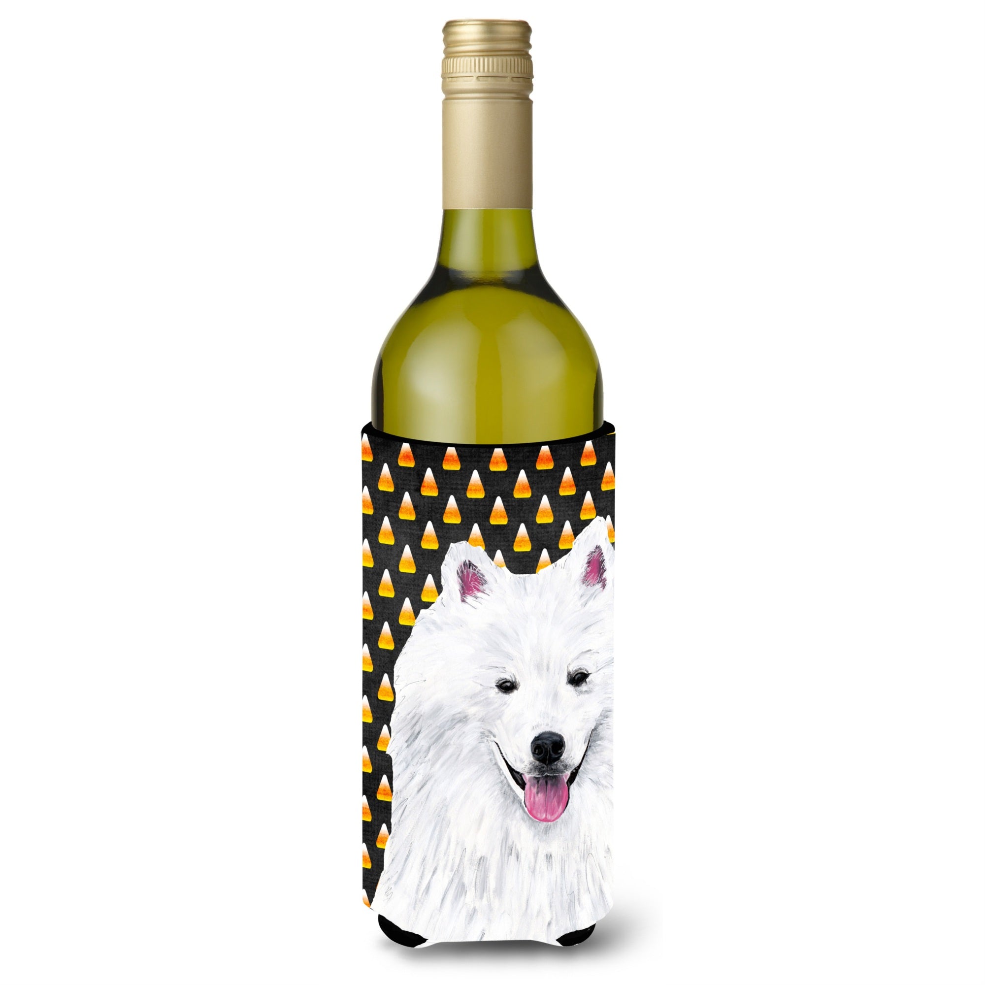 American Eskimo Candy Corn Halloween Portrait Wine Bottle Beverage Insulator Beverage Insulator Hugger