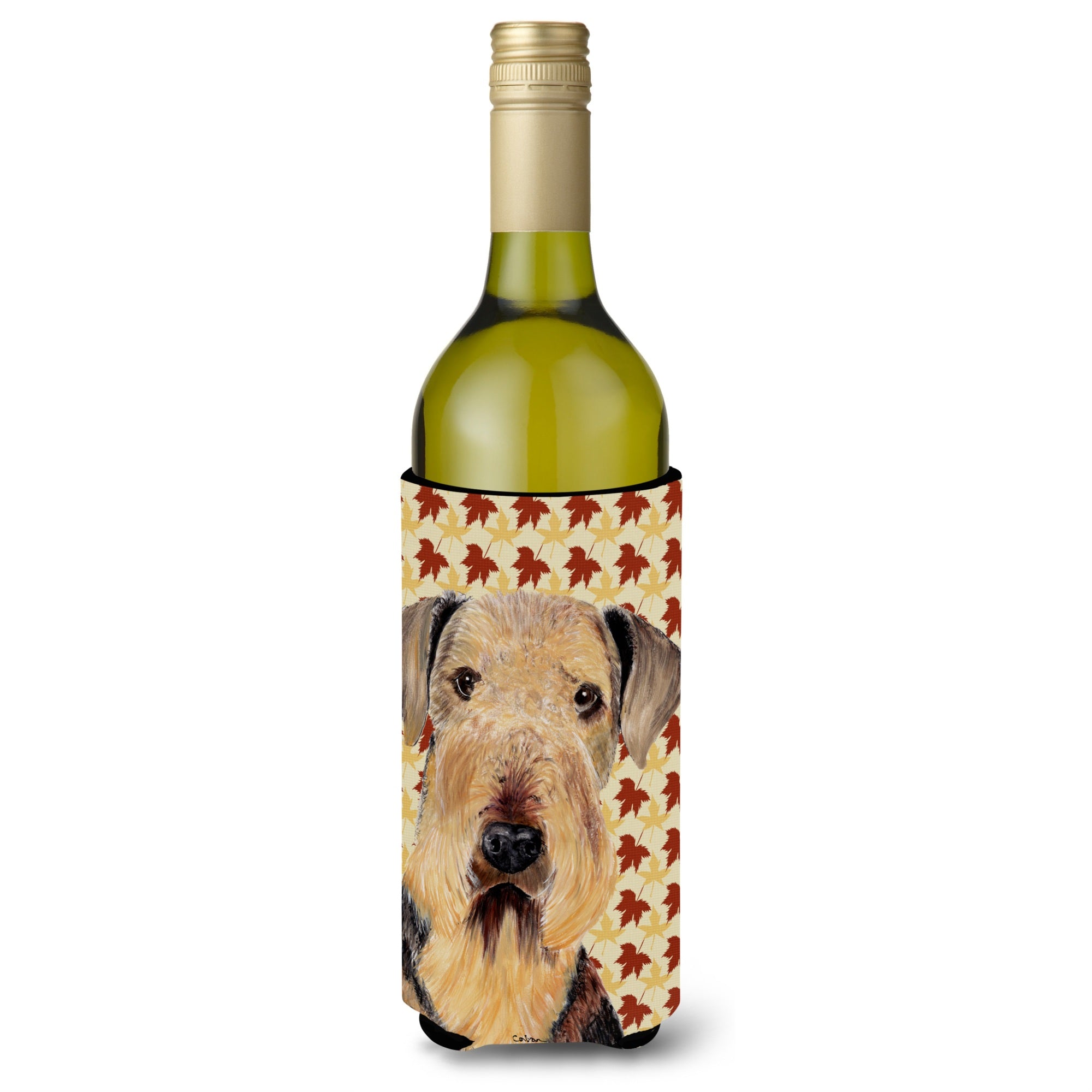 Airedale Fall Leaves Portrait Wine Bottle Beverage Insulator Beverage Insulator Hugger Sc9213Literk