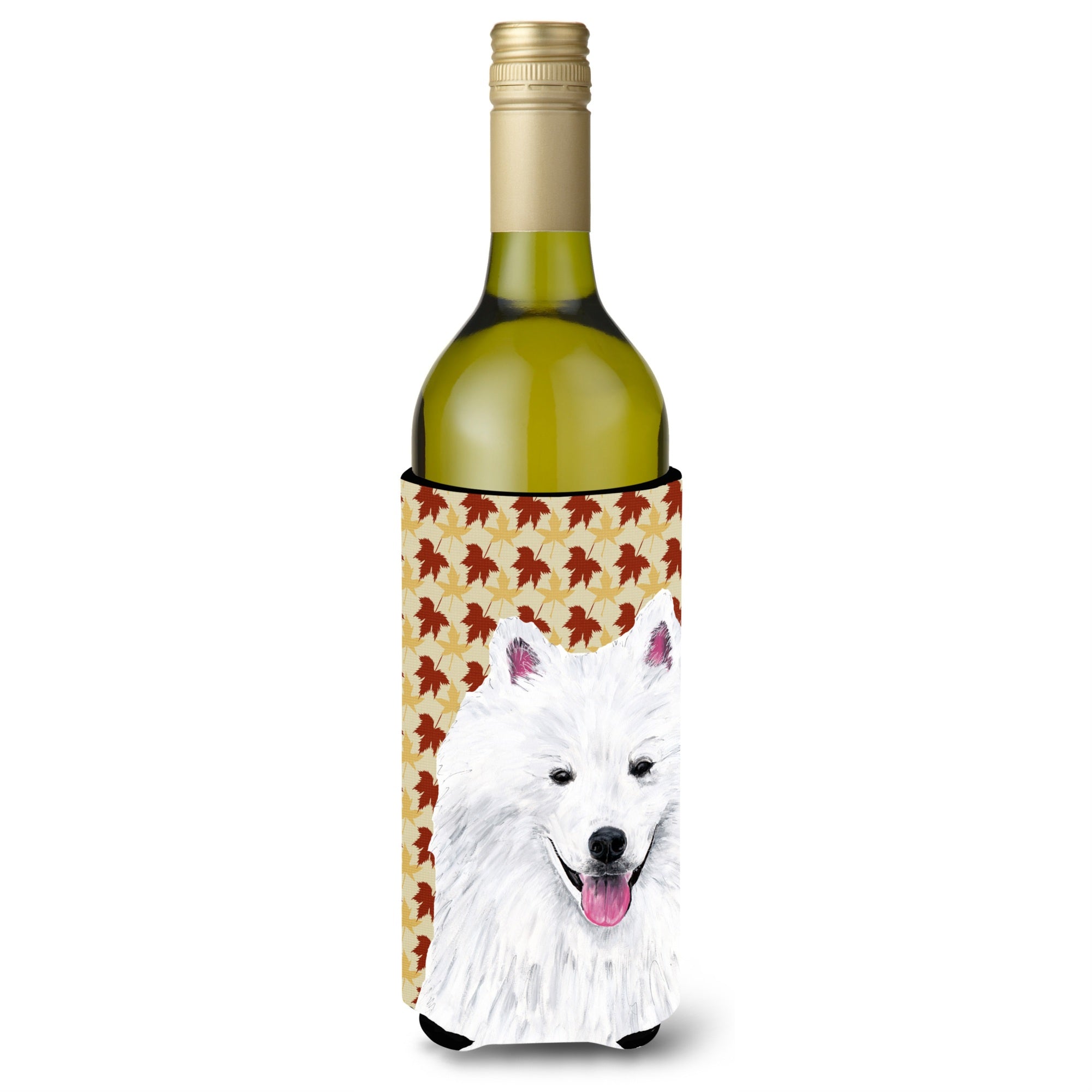 American Eskimo Fall Leaves Portrait Wine Bottle Beverage Insulator Beverage Insulator Hugger