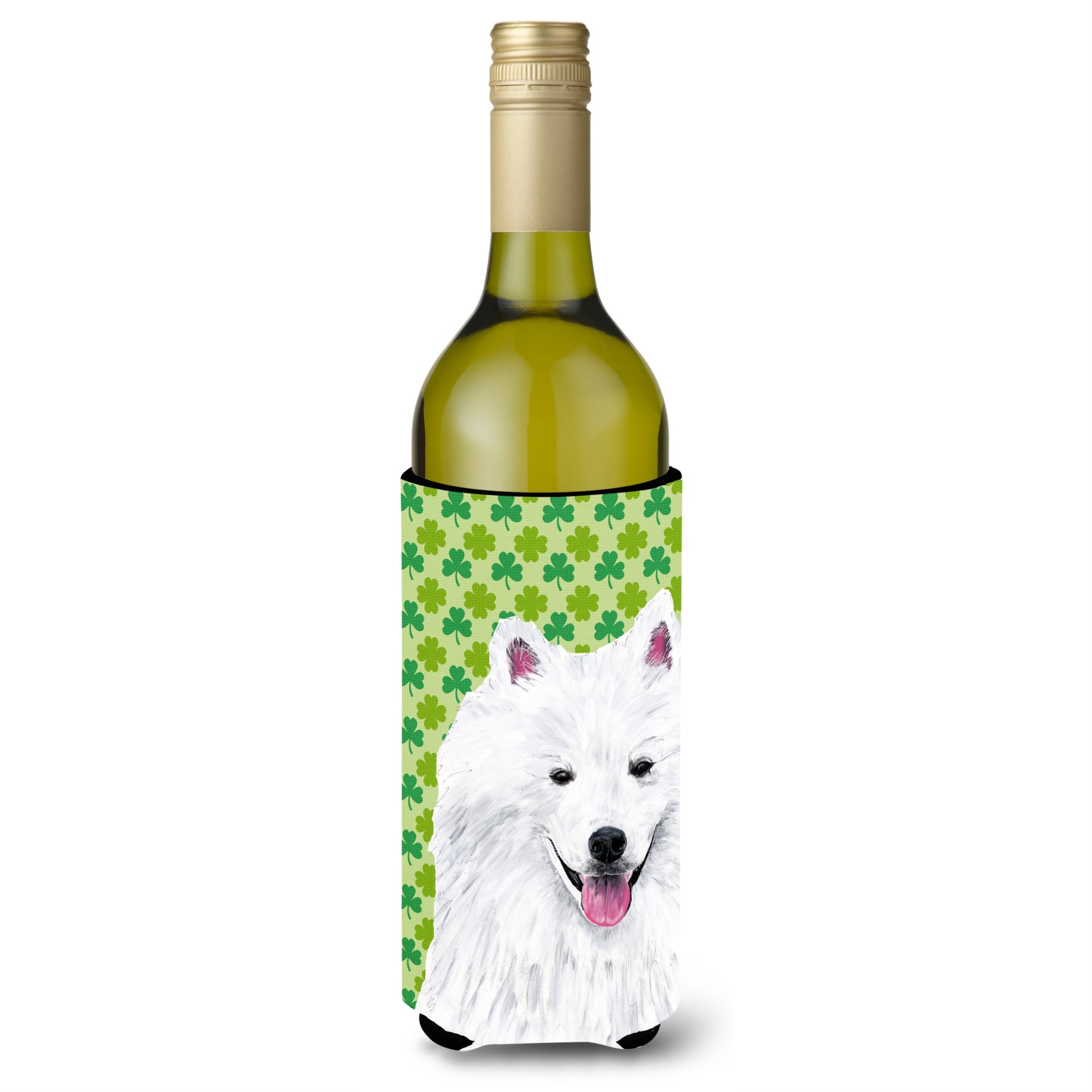 American Eskimo St. Patrick'S Day Shamrock Portrait Wine Bottle Beverage Insulator Beverage Insulator Hugger