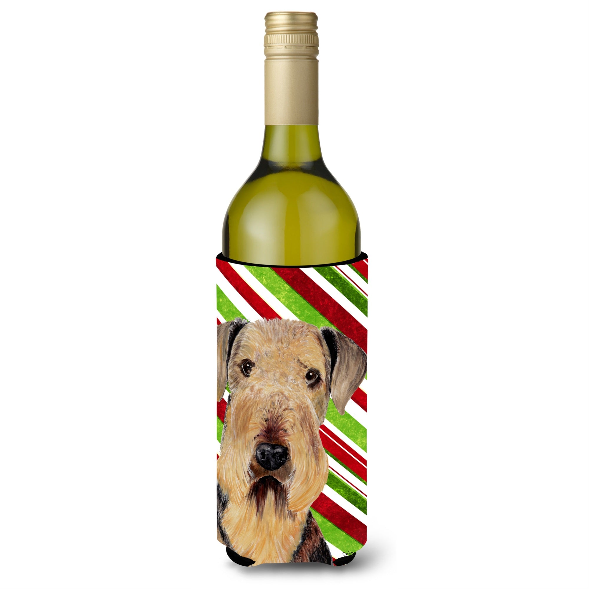 Airedale Candy Cane Holiday Christmas Wine Bottle Beverage Insulator Beverage Insulator Hugger Sc9333Literk