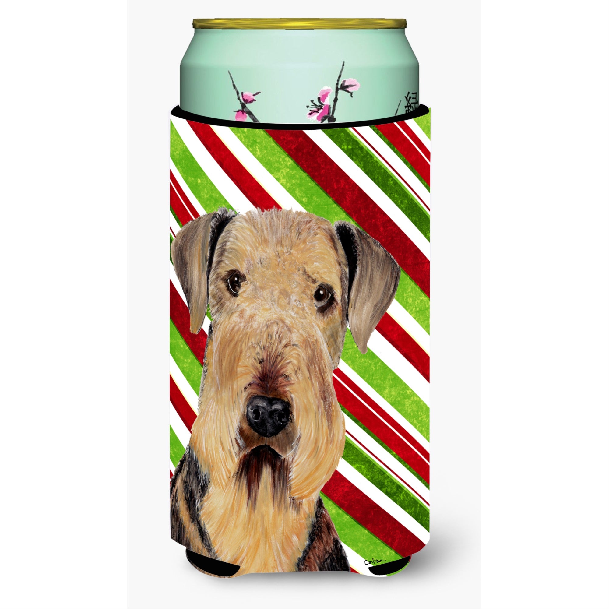 Airedale Candy Cane Holiday Christmas Tall Boy Beverage Insulator Beverage Insulator Hugger