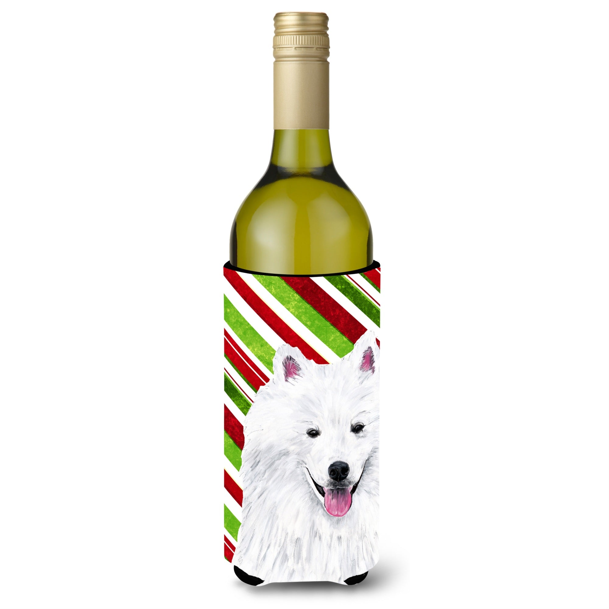 American Eskimo Candy Cane Holiday Christmas Wine Bottle Beverage Insulator Beverage Insulator Hugger