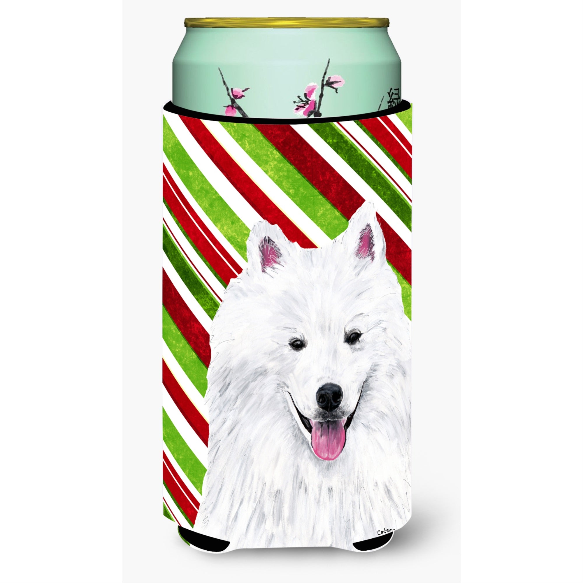 American Eskimo Candy Cane Holiday Christmas Tall Boy Beverage Insulator Beverage Insulator Hugger