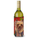 Yorkie Red And Green Snowflakes Holiday Christmas Wine Bottle Beverage Insulator Beverage Insulator Hugger