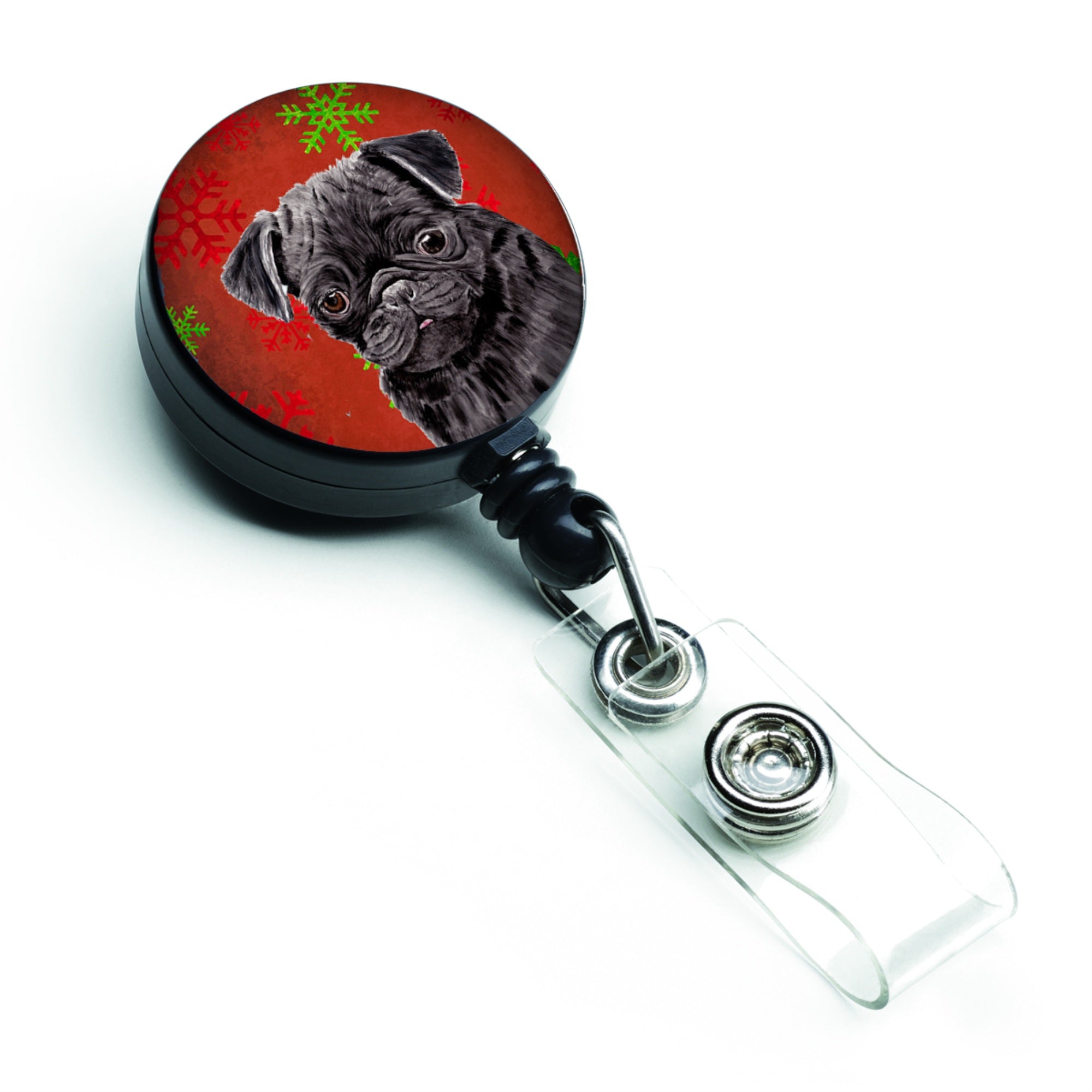 Caroline'S Treasures Pug Red & Green Snowflakes Christmas Retractable Badge Reel, Multicolor (Sc9406Br)