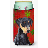 Doberman Red And Green Snowflakes Holiday Christmas Tall Boy Beverage Insulator Beverage Insulator Hugger