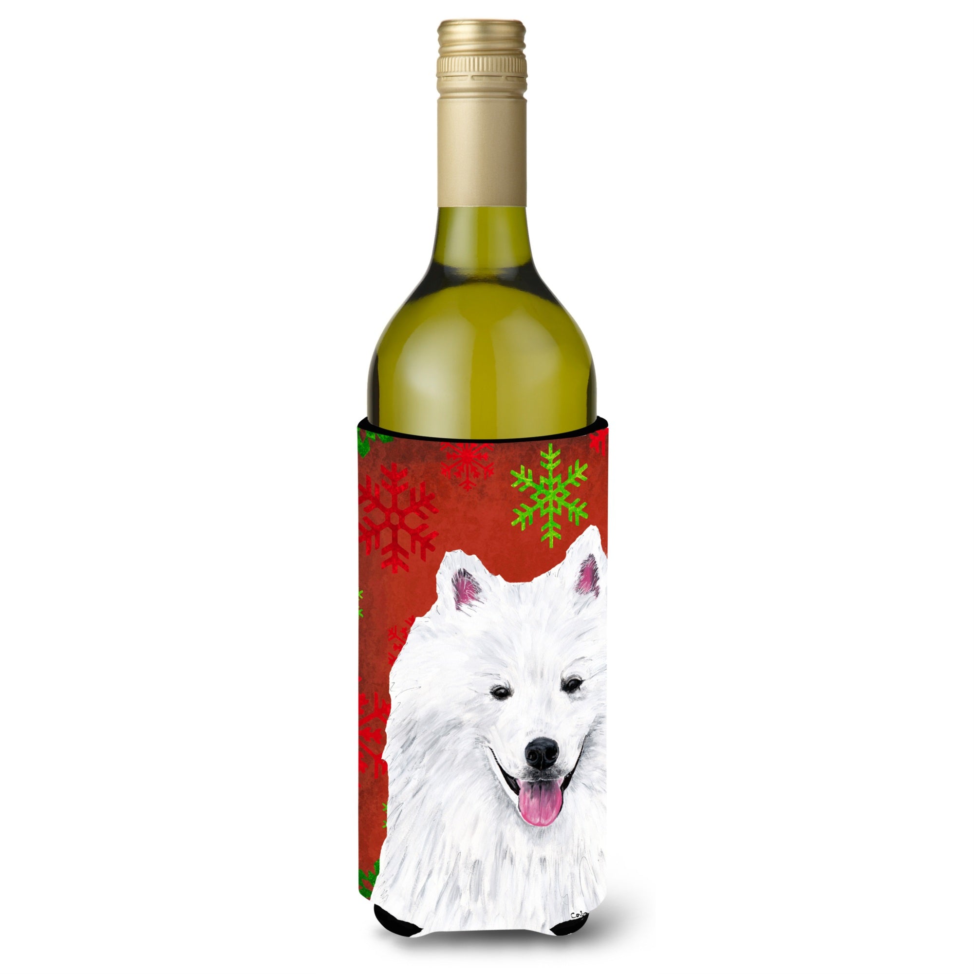 American Eskimo Snowflakes Holiday Christmas Wine Bottle Beverage Insulator Beverage Insulator Hugger