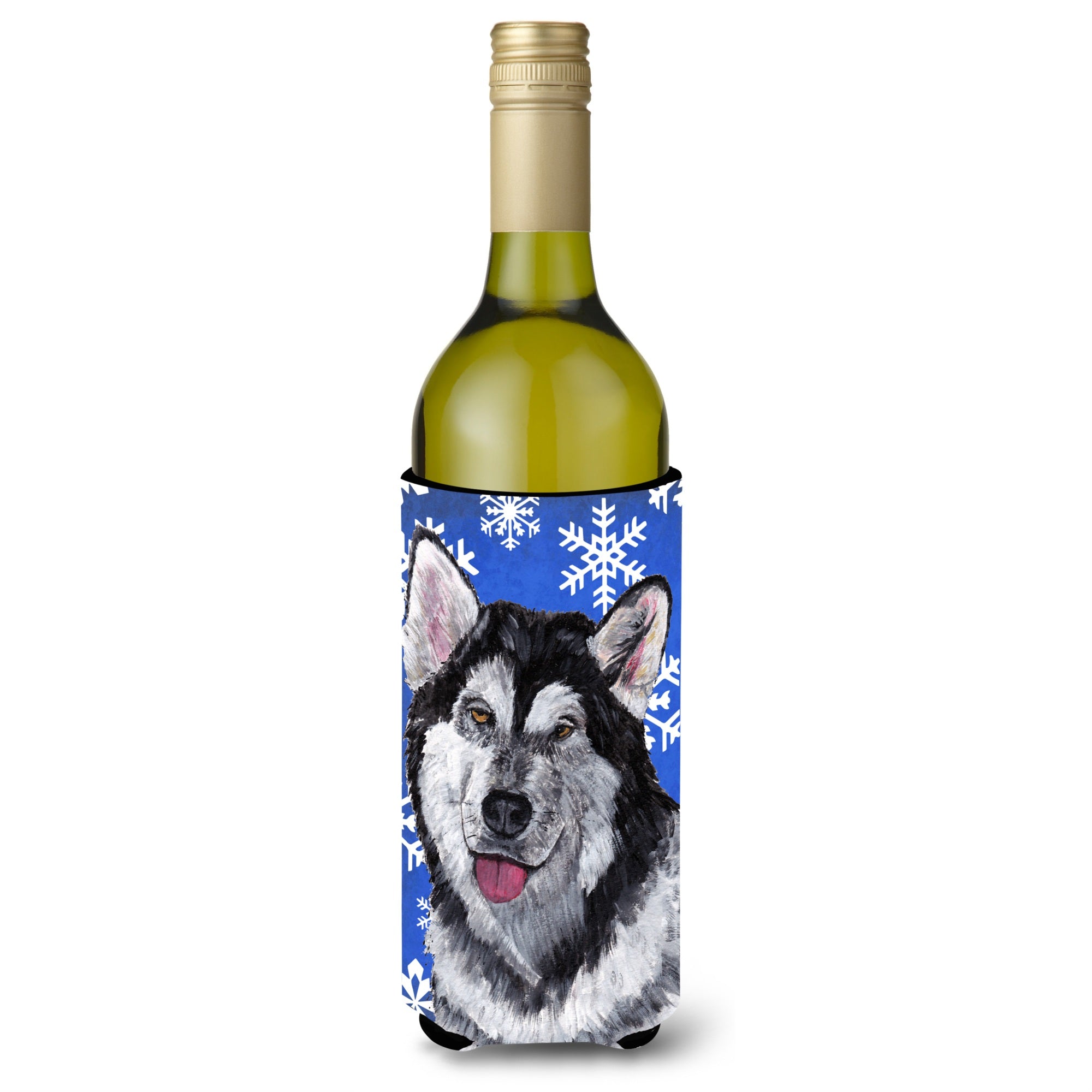 Alaskan Malamute Winter Snowflakes Holiday Wine Bottle Beverage Insulator Hugger Sc9491Literk