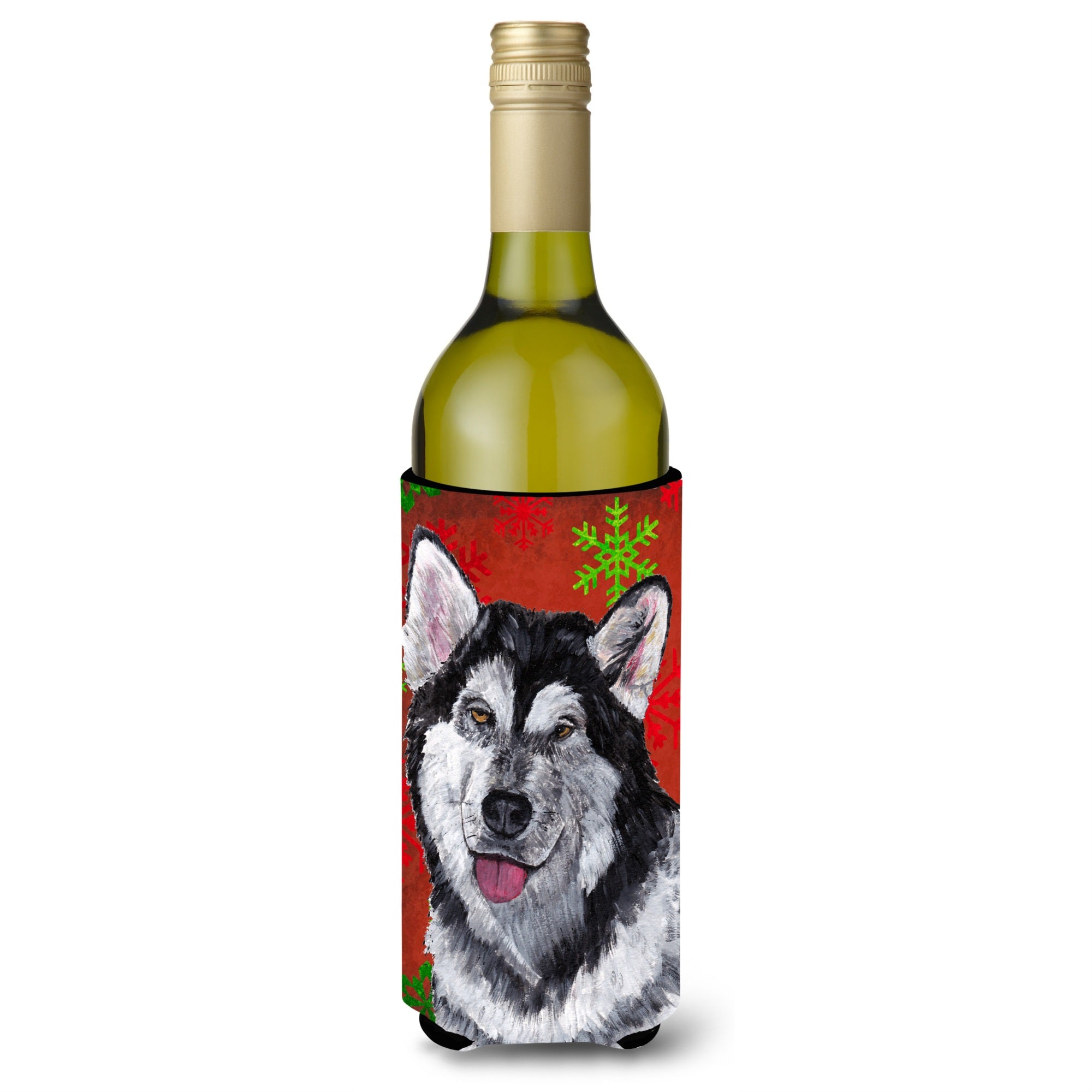 Alaskan Malamute Red Snowflakes Holiday Christmas Wine Bottle Beverage Insulator Hugger Sc9492Literk