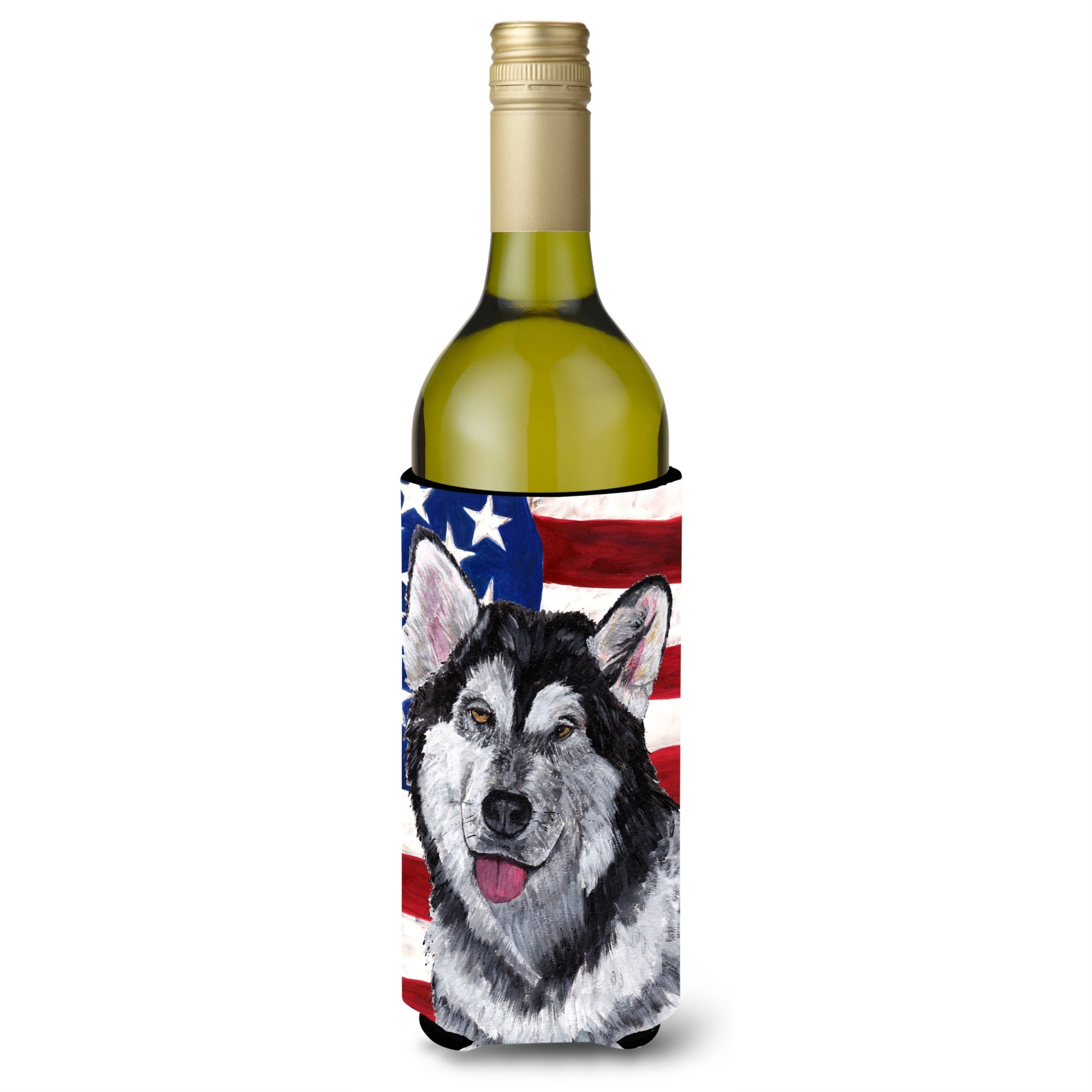 Alaskan Malamute Usa Patriotic American Flag Wine Bottle Beverage Insulator Hugger Sc9497Literk