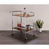 Millam 2 Tier Wheeled Serving Bar Cart With Push Bar, Chrome Metal & Oak Wood