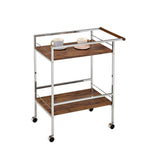 Millam 2 Tier Wheeled Serving Bar Cart With Push Bar, Chrome Metal & Oak Wood