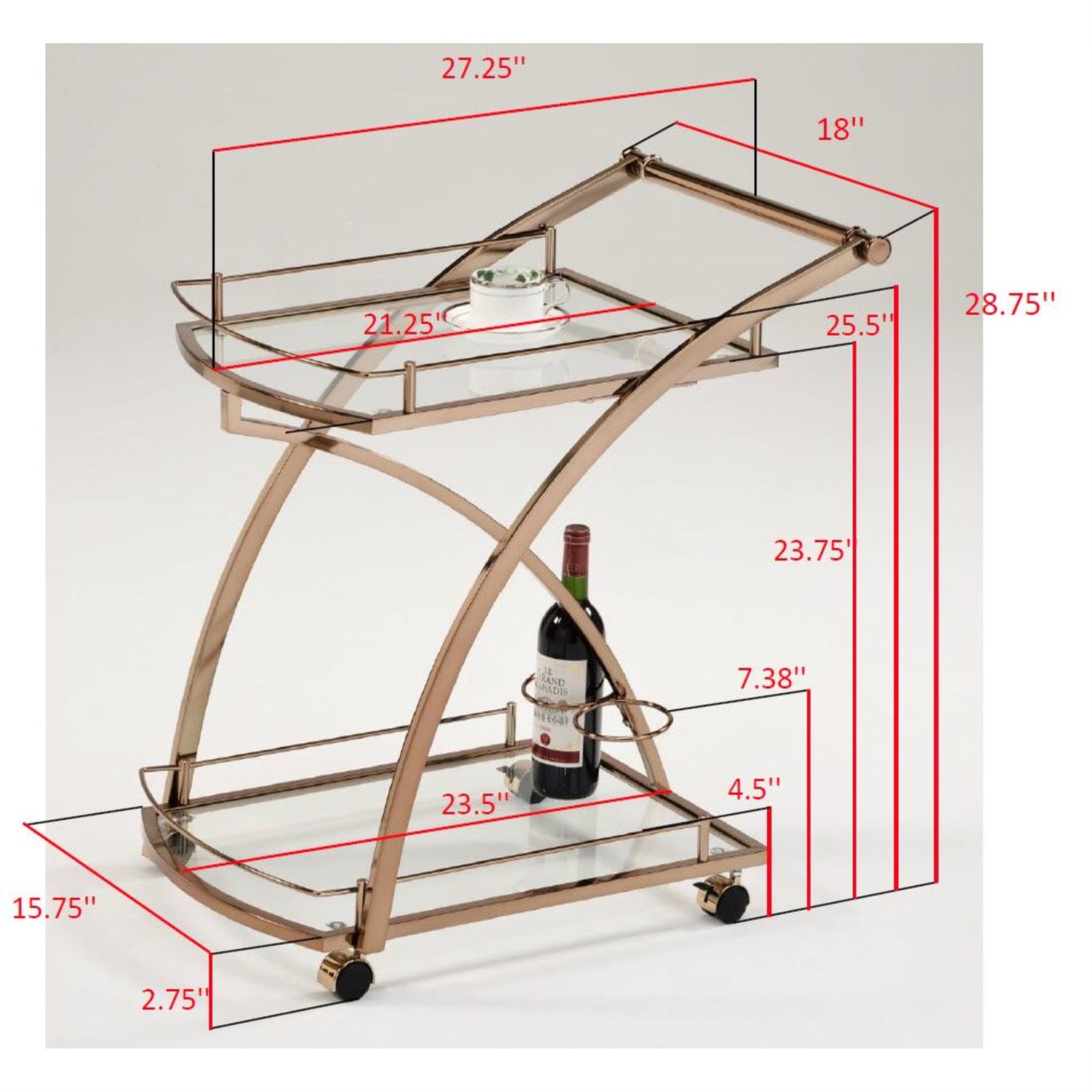 Daffodil 2 Tier Modern Wheeled Serving Bar Cart With Wine Bottle Holders, Gold Metal & Clear Glass