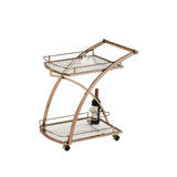 Daffodil 2 Tier Modern Wheeled Serving Bar Cart With Wine Bottle Holders, Gold Metal & Clear Glass