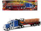 Kenworth W900 Truck with Flatbed Trailer Blue with Forklift and Pallets Long Haul Truckers Series 1/32 Diecast Model by New Ra