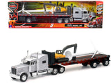 Peterbilt 389 Truck with Flatbed Trailer Silver Metallic with Excavator and Wind Turbine Long Haul Truckers Series 1/32 Diecas