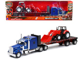 Kenworth W900 Truck with Flatbed Trailer Blue Metallic with Farm Tractor Red Long Haul Truckers Series 1/32 Diecast Model by N