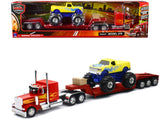 Peterbilt 379 Truck with Lowboy Trailer Red with Orange Flames and Monster Truck Yellow with Blue Flames Long Haul Truckers Se
