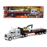 Peterbilt 389 Truck With Flatbed Trailer Silver Metallic With Excavator And Wind Turbine Long Haul Truckers Series 1/32 Diec