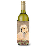 Cocker Spaniel On Faux Burlap With Pine Cones Wine Bottle Beverage Insulator Beverage Insulator Hugger