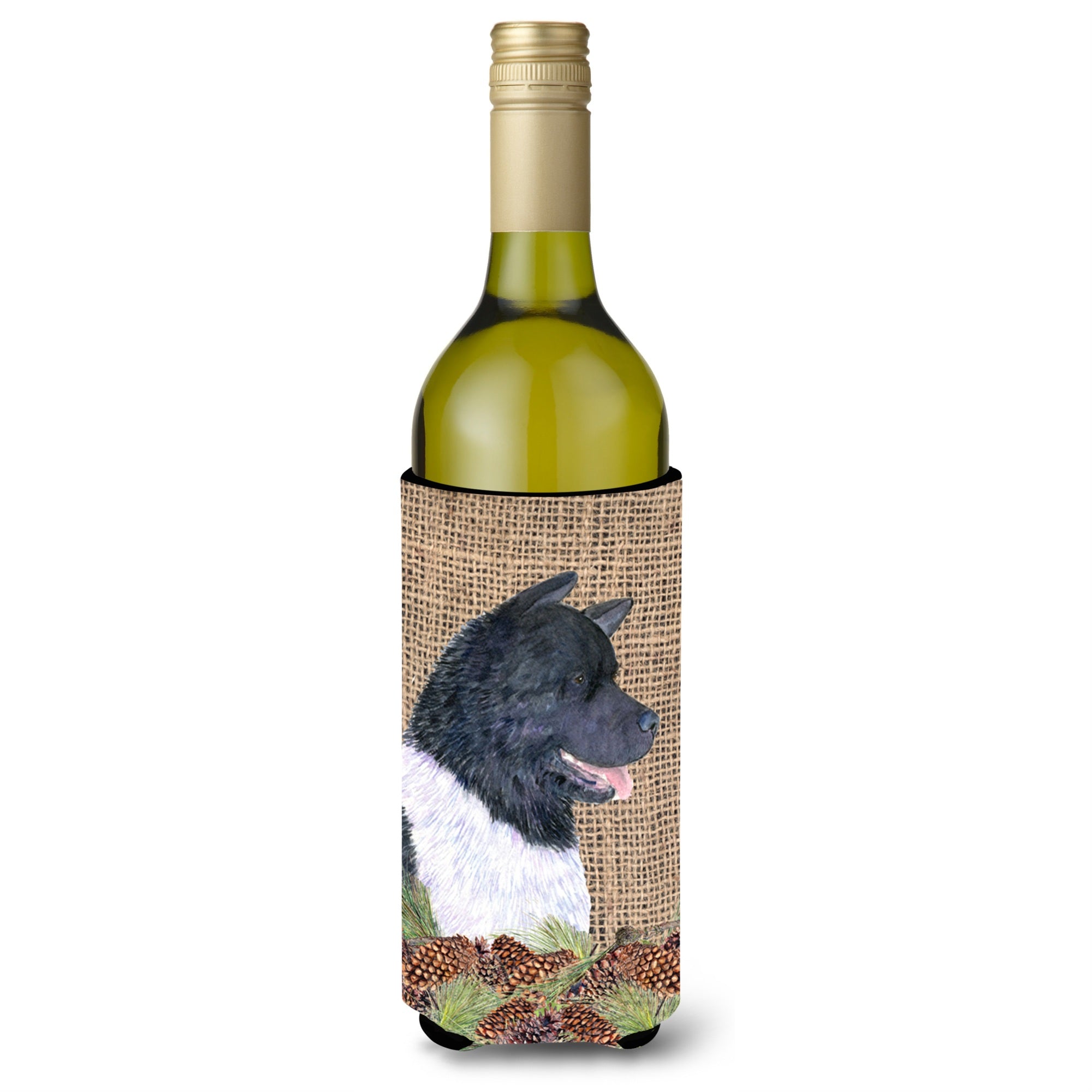 Akita On Faux Burlap With Pine Cones Wine Bottle Beverage Insulator Beverage Insulator Hugger