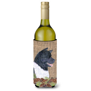 Akita On Faux Burlap With Pine Cones Wine Bottle Beverage Insulator Beverage Insulator Hugger