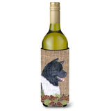 Akita On Faux Burlap With Pine Cones Wine Bottle Beverage Insulator Beverage Insulator Hugger