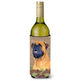 Bullmastiff On Faux Burlap With Pine Cones Wine Bottle Beverage Insulator Beverage Insulator Hugger