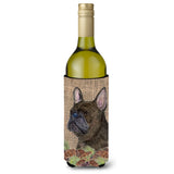 French Bulldog On Faux Burlap With Pine Cones Wine Bottle Beverage Insulator Beverage Insulator Hugger