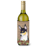 Fox Terrier On Faux Burlap With Pine Cones Wine Bottle Beverage Insulator Beverage Insulator Hugger