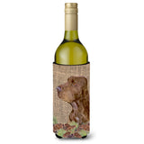 Field Spaniel On Faux Burlap With Pine Cones Wine Bottle Beverage Insulator Beverage Insulator Hugger