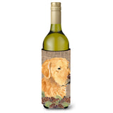 Golden Retriever On Faux Burlap With Pine Cones Wine Bottle Beverage Insulator Beverage Insulator Hugger