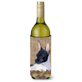 Rat Terrier On Faux Burlap With Pine Cones Wine Bottle Beverage Insulator Beverage Insulator Hugger