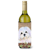 Maltese On Faux Burlap With Pine Cones Wine Bottle Beverage Insulator Beverage Insulator Hugger Ss4073Literk