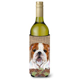 Bulldog English On Faux Burlap With Pine Cones Wine Bottle Beverage Insulator Beverage Insulator Hugger