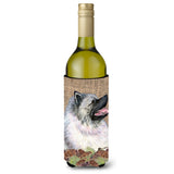 Keeshond On Faux Burlap With Pine Cones Wine Bottle Beverage Insulator Beverage Insulator Hugger