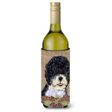 Portuguese Water Dog On Faux Burlap With Pine Cones Wine Bottle Beverage Insulator Beverage Insulator Hugger