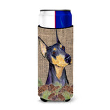 Doberman On Faux Burlap With Pine Cones Ultra Beverage Insulators For Slim Cans Ss4085Muk