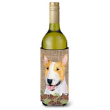 Bull Terrier On Faux Burlap With Pine Cones Wine Bottle Beverage Insulator Beverage Insulator Hugger