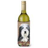 Bearded Collie On Faux Burlap With Pine Cones Wine Bottle Beverage Insulator Beverage Insulator Hugger